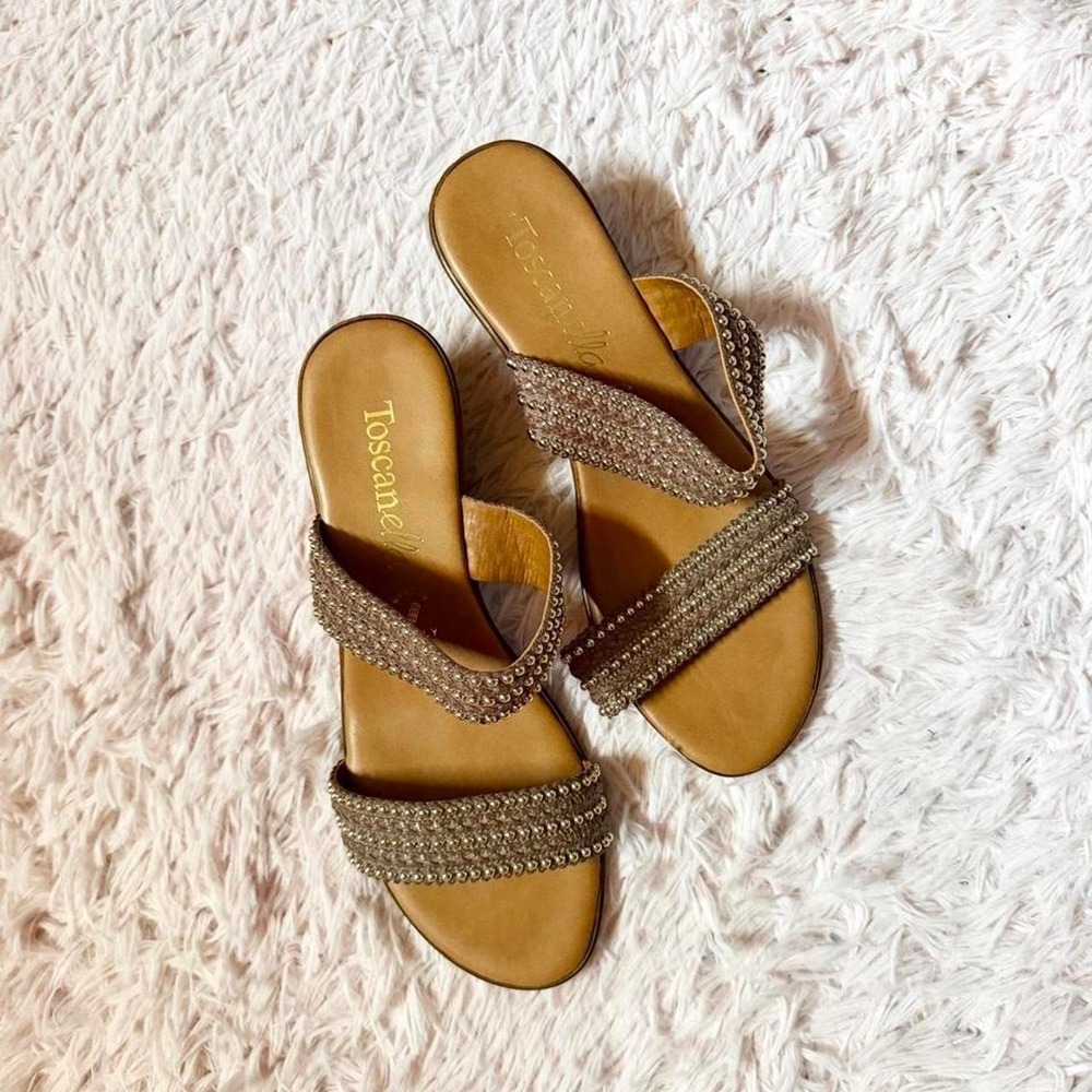 Toscanella Boho Glam Beaded Luxury Artisan Italian Wedge Sandal Womens 8 Earthy